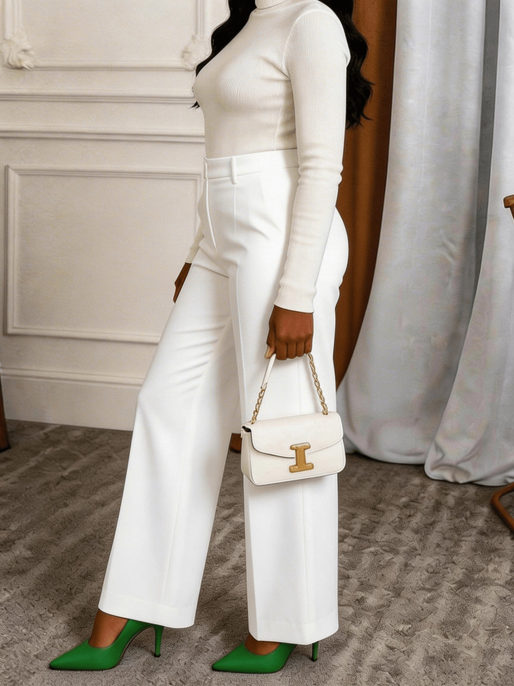 Pantalon grande taille en maille, coupe droite, poches plaquées, maille souple, autre coloris