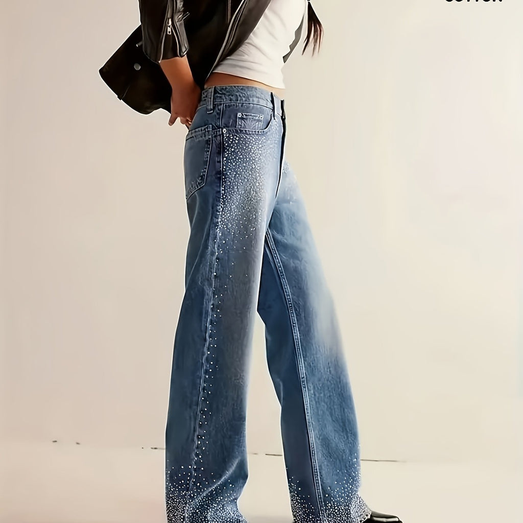 Jean grande taille à broderies, coupe droite, tenue franche, délavage