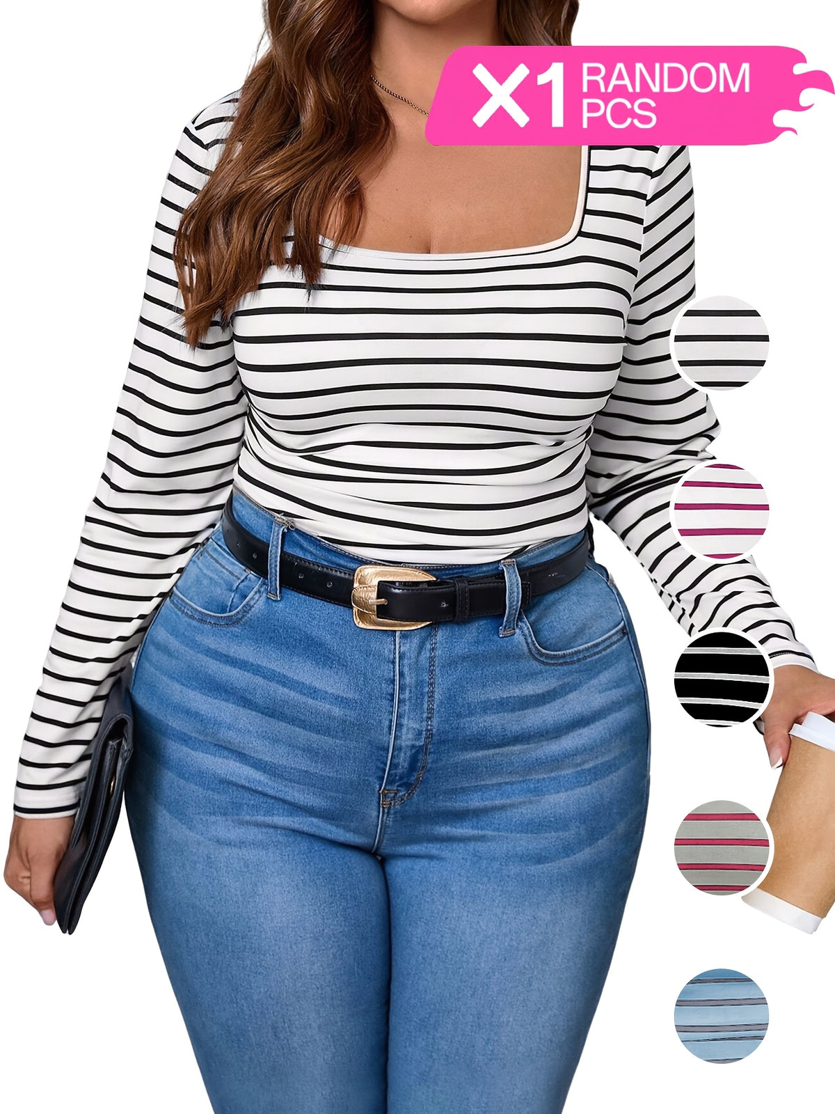 T-shirt grande taille à rayures, manches longues Image