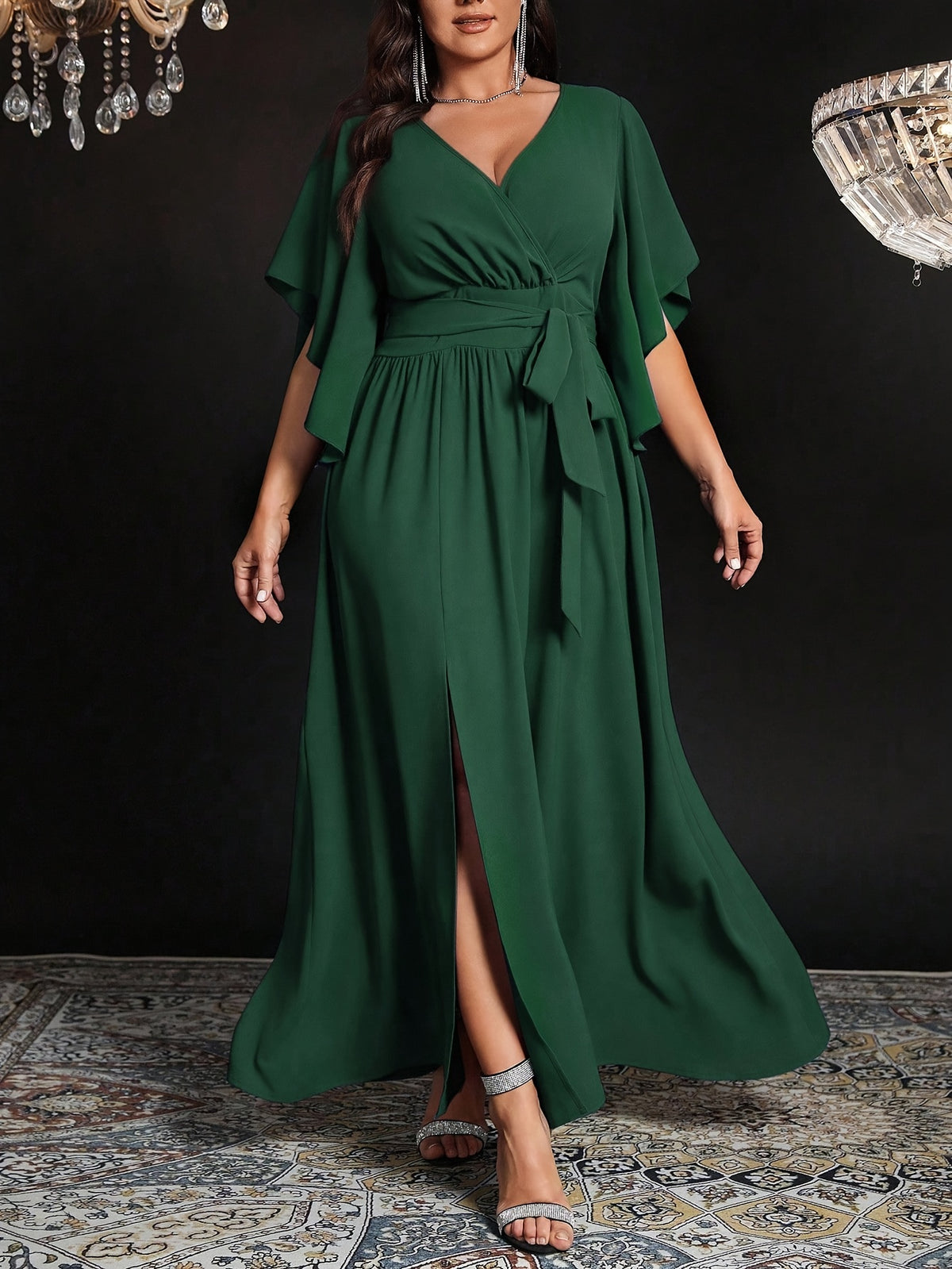 Robe de soirée grande taille — Fente frontale et nœud de taille