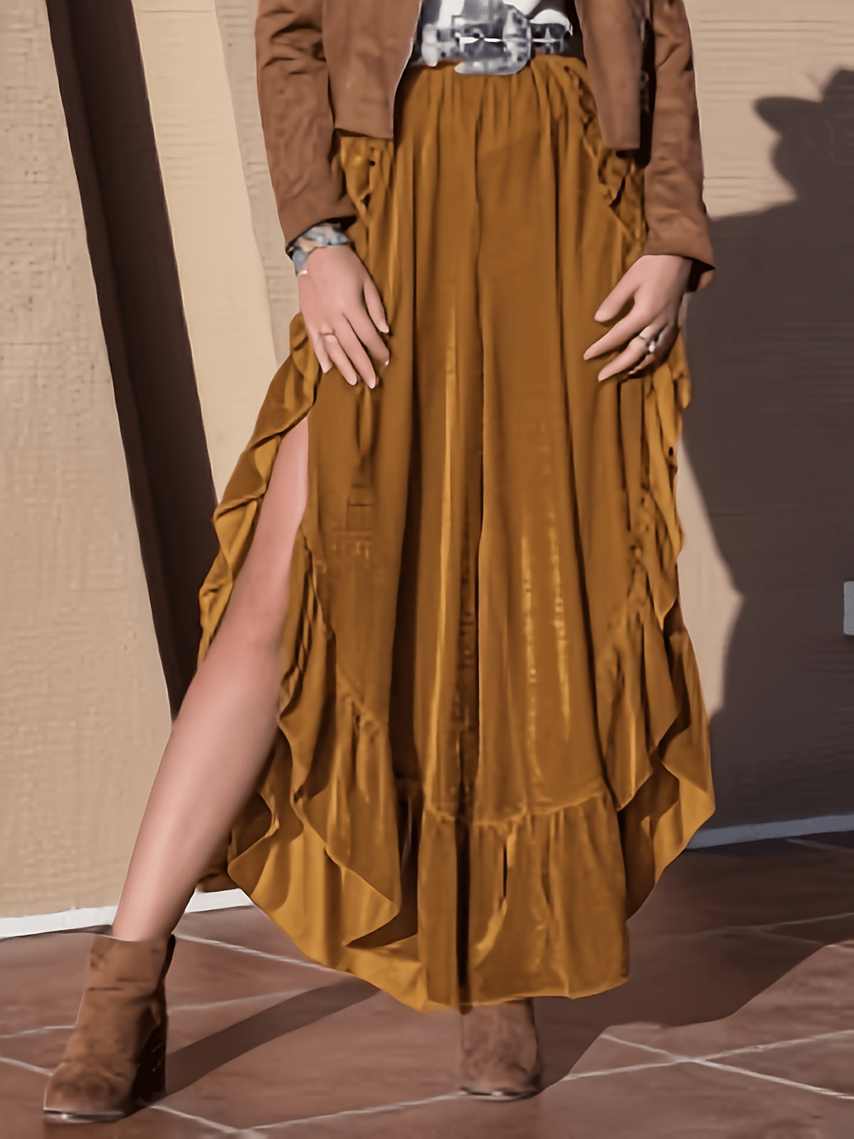 Pantalon grande taille en velours, fente, toucher profond, porté de face