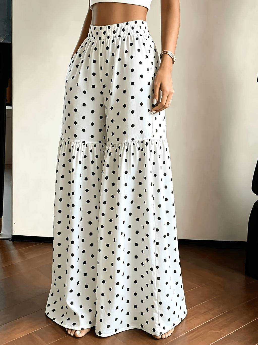 Pantalon grande taille à pois, coupe évasée, poches pratiques, autre coloris