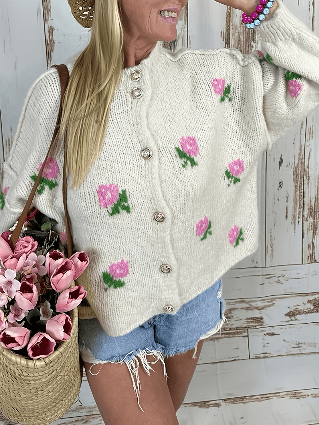 Cardigan grande taille à imprimé fleuri, coupe ample, col rond, boutonnage