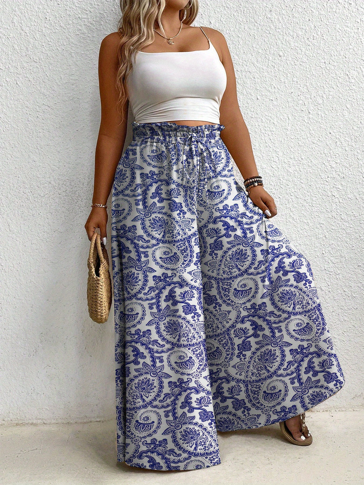 Pantalon grande taille, coupe évasée, esprit vacances — composition : 100% Polyester