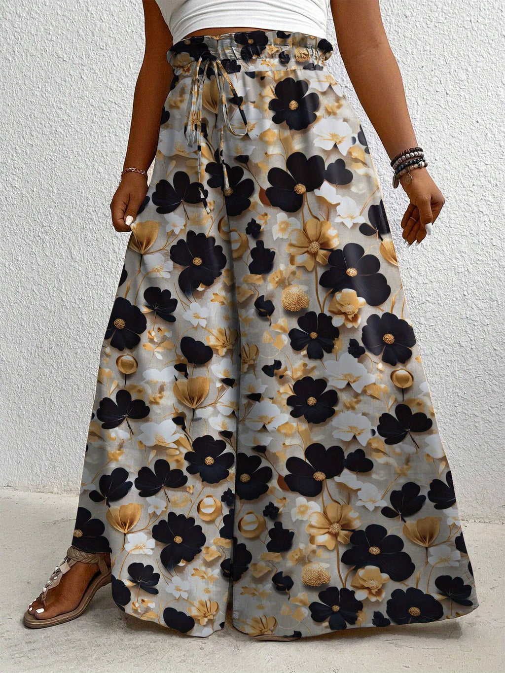 Pantalon grande taille à imprimé fleuri, coupe évasée, cordon, tissu opaque