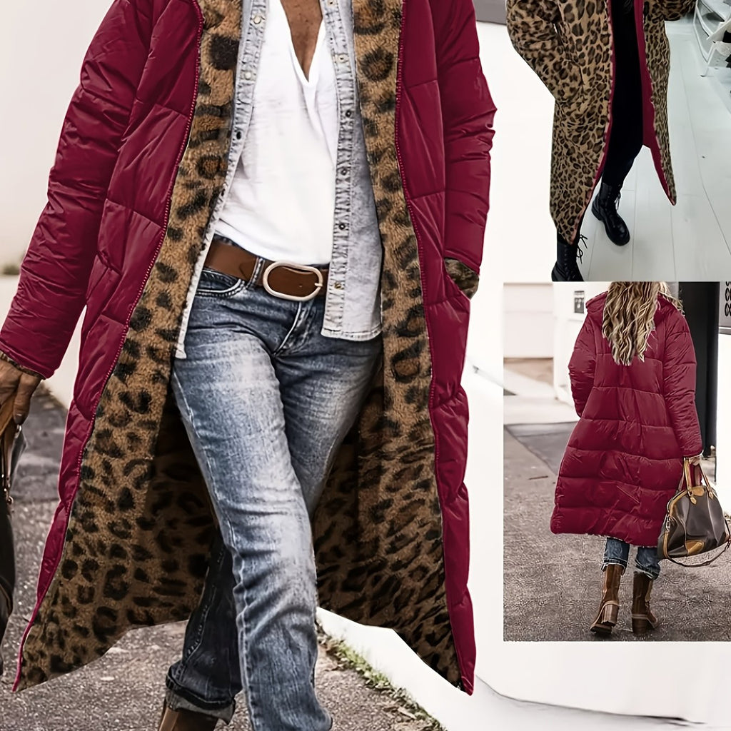 Manteau grande taille à imprimé léopard, chaleur d'hiver, matelassé, détail du tissu