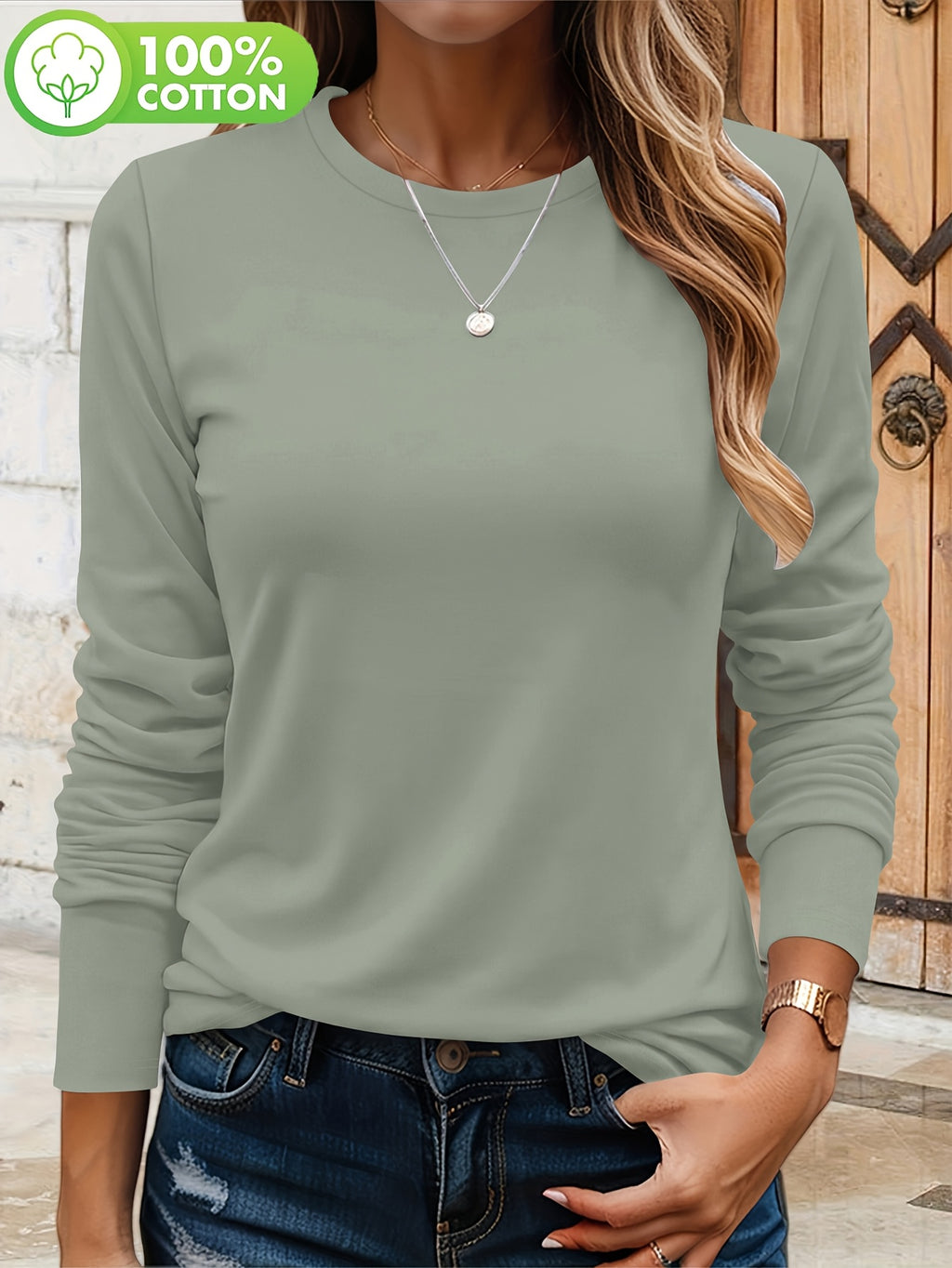 T-shirt grande taille, col rond, manches longues, toucher naturel, vu de dos