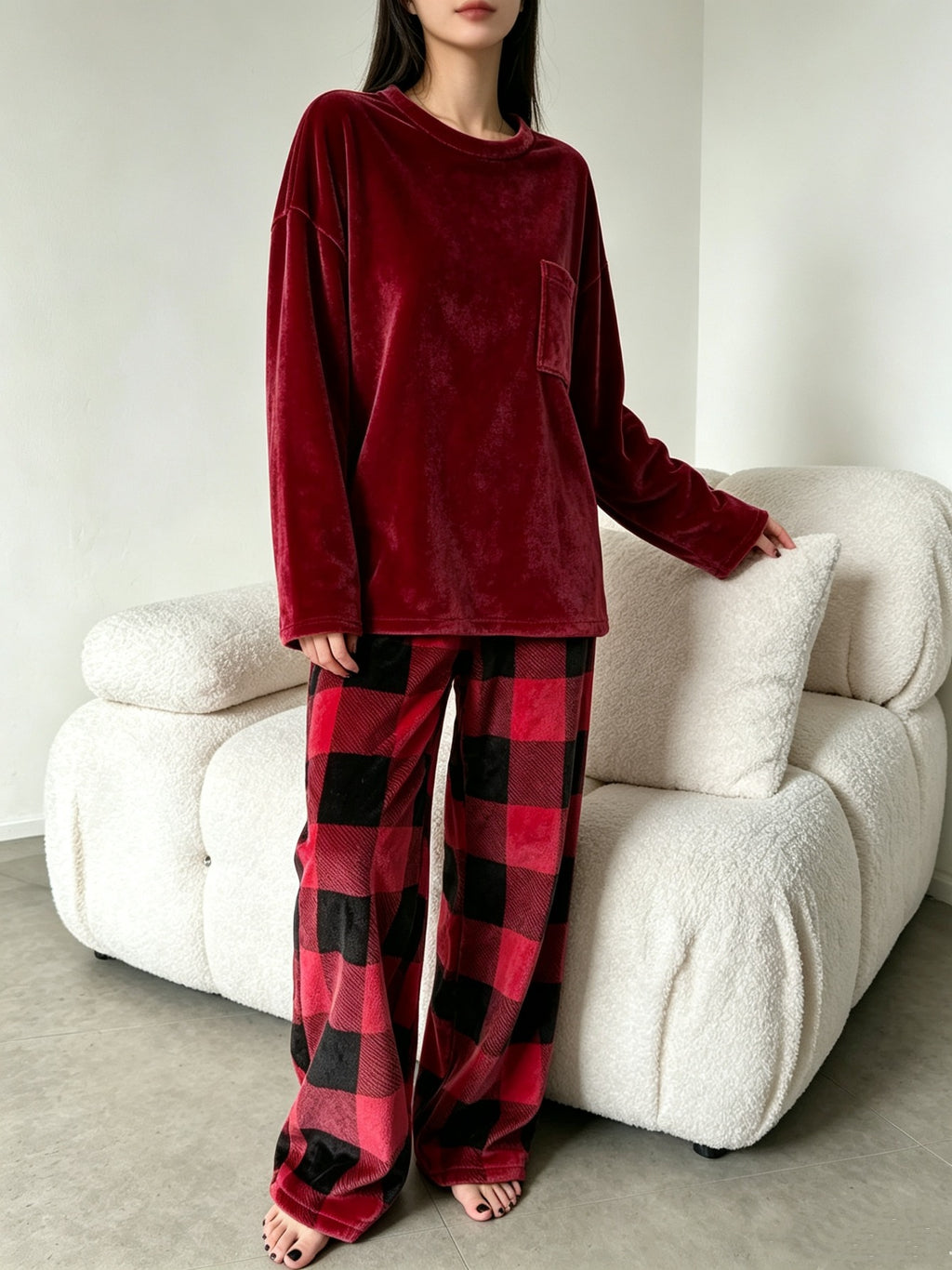 Pyjama grande taille à carreaux, chaleur d'hiver, esprit décontracté, porté de face