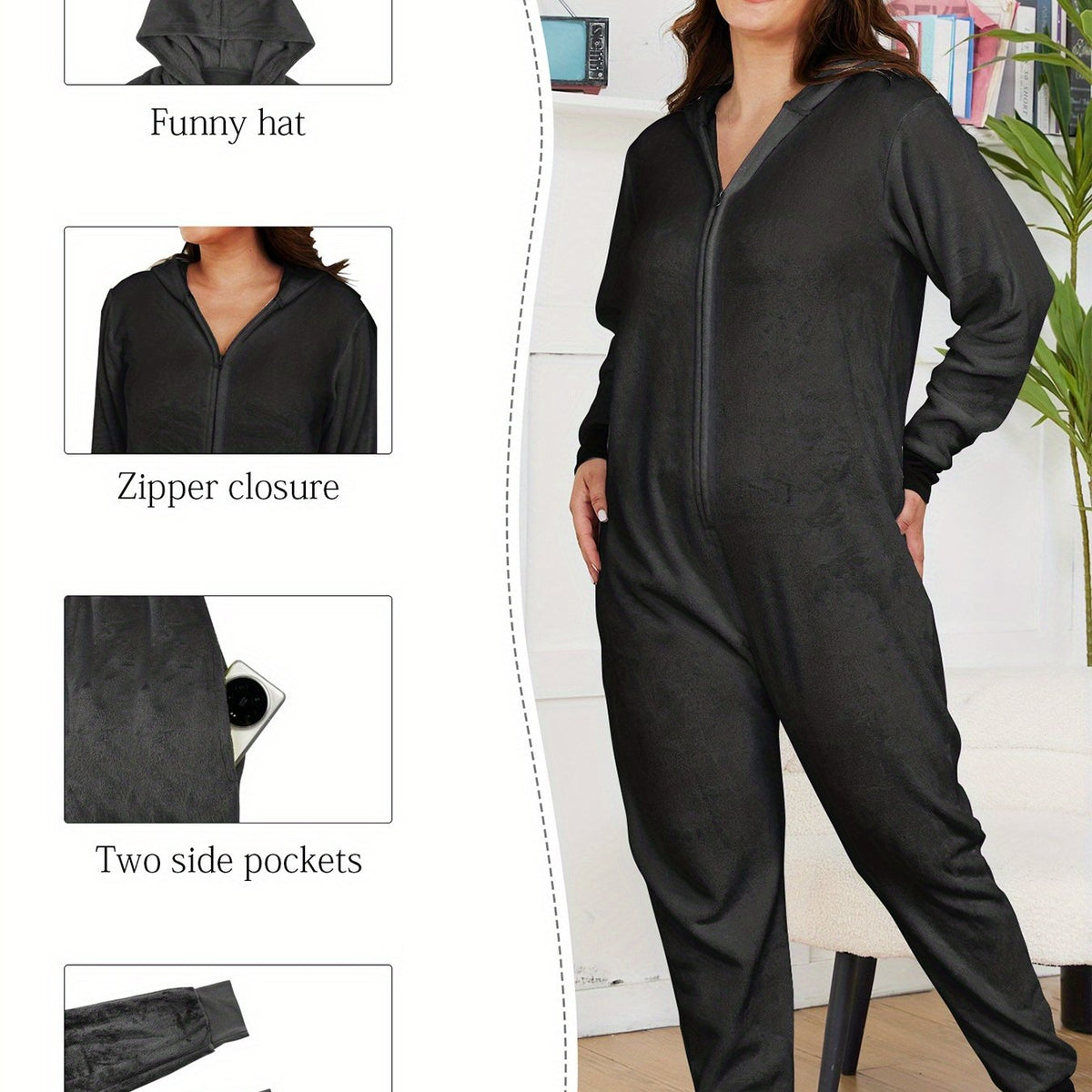 Combinaison grande taille, coupe oversize, capuche, chaleur d'hiver — matière : polyester Image