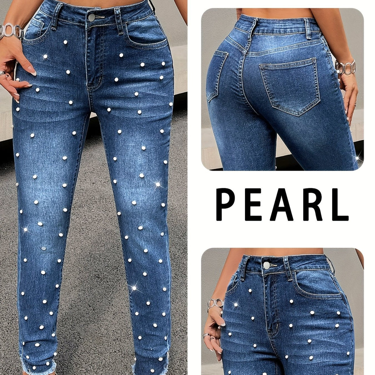 Jean grande taille, coupe ajustée, perles, tenue franche — matière : denim