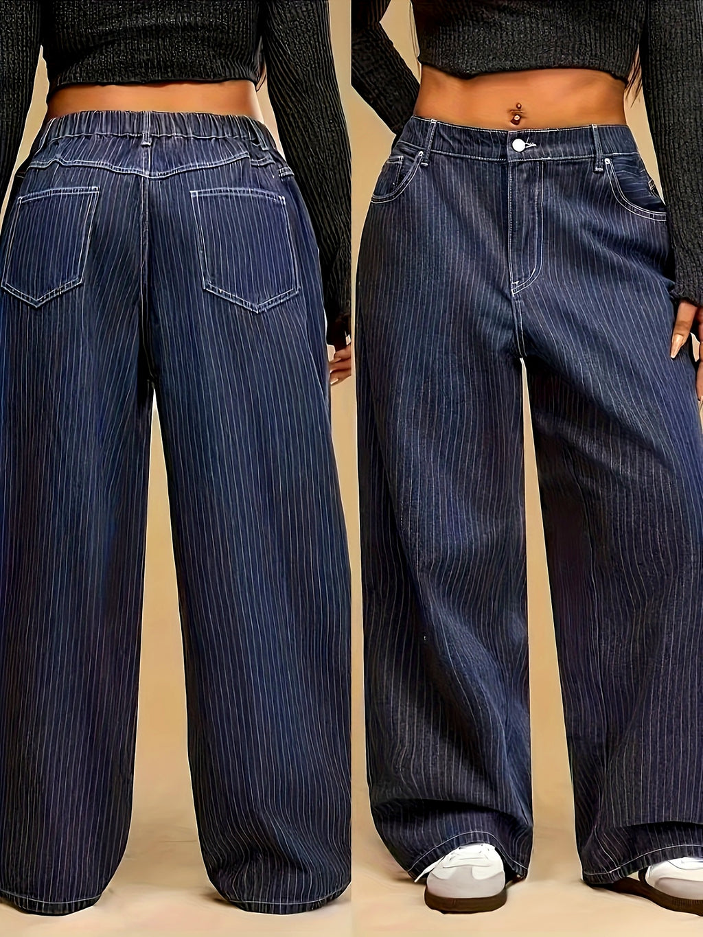 Jean grande taille à rayures, coupe oversize, tenue franche, tissu opaque