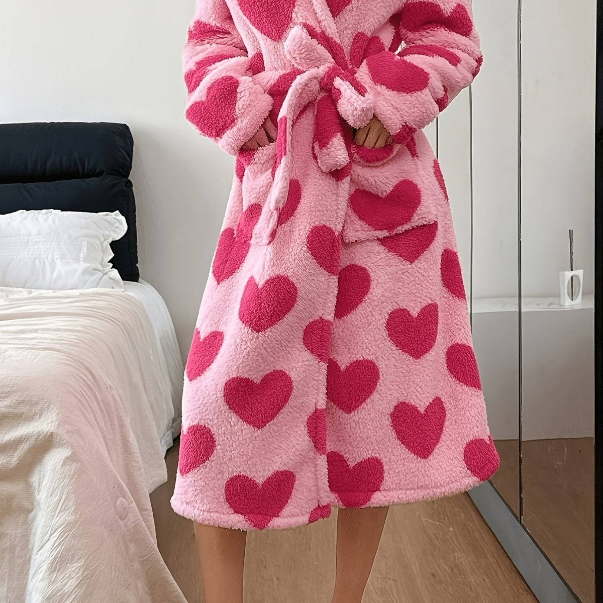 Peignoir grande taille, col V, chaleur d'hiver, tissu épais — matière : polyester