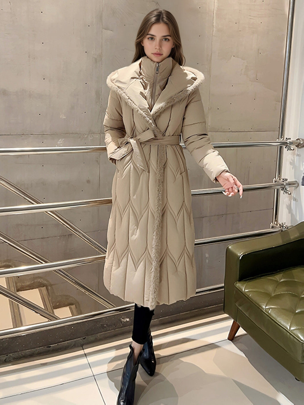 Manteau grande taille, coupe cintrée, capuche, chaleur d'hiver, vu de dos
