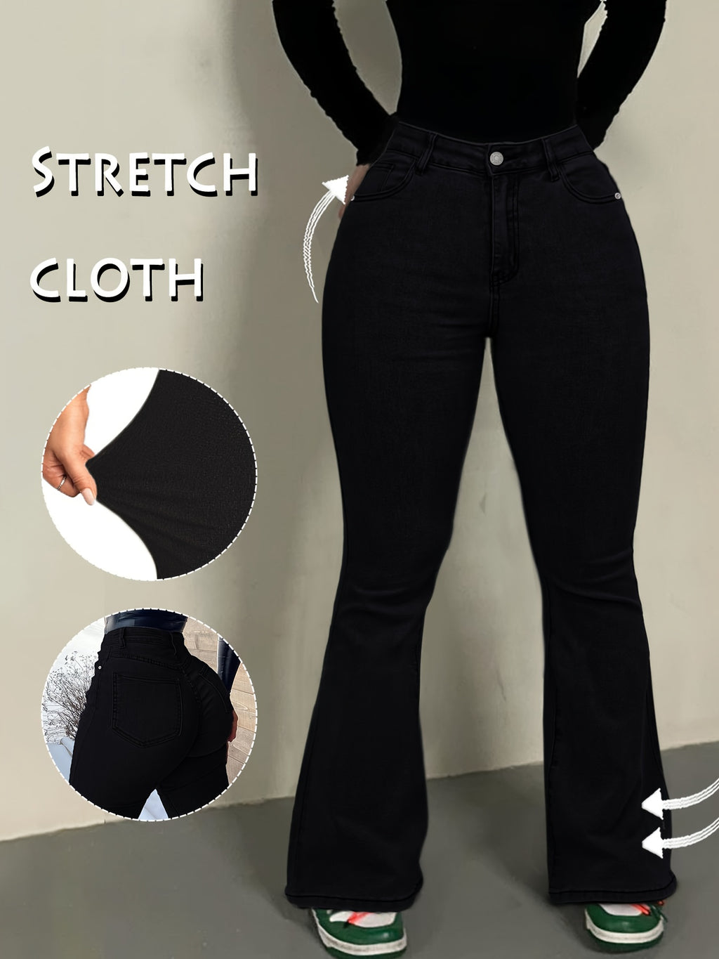 Jean grande taille, coupe évasée, délavage doux, poches pratiques, porté de face