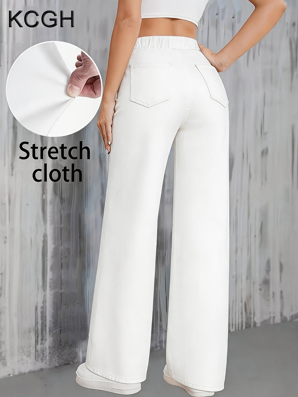 Jean grande taille, coupe droite, tenue franche, jambe large, porté de face
