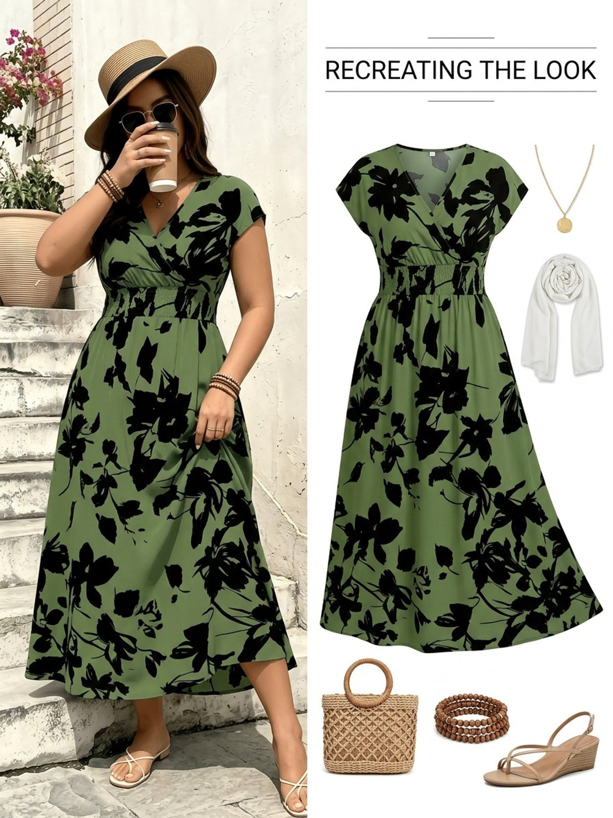 Robe longue grande taille — Grandes fleurs, taille froncée