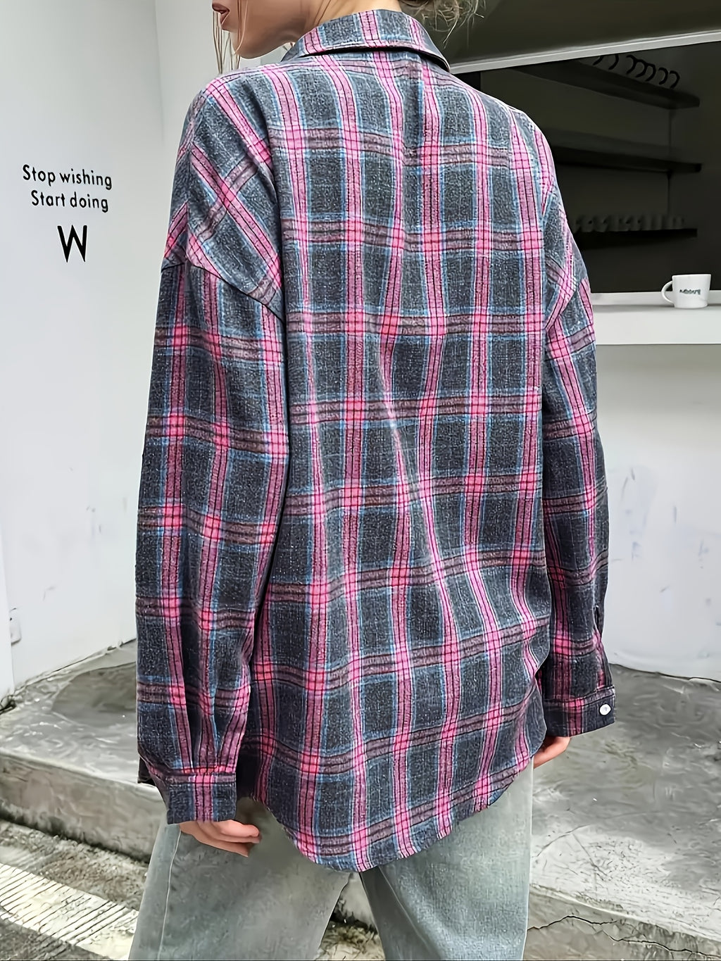 Chemise grande taille à carreaux, coupe ample, manches longues, tissu opaque