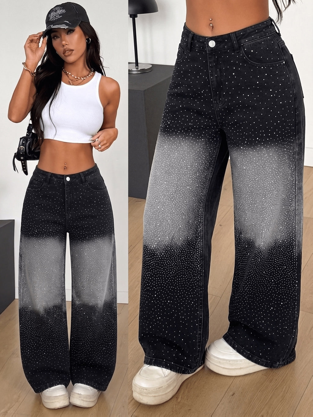 Pantalon grande taille, coupe oversize, strass, tenue franche, porté de face