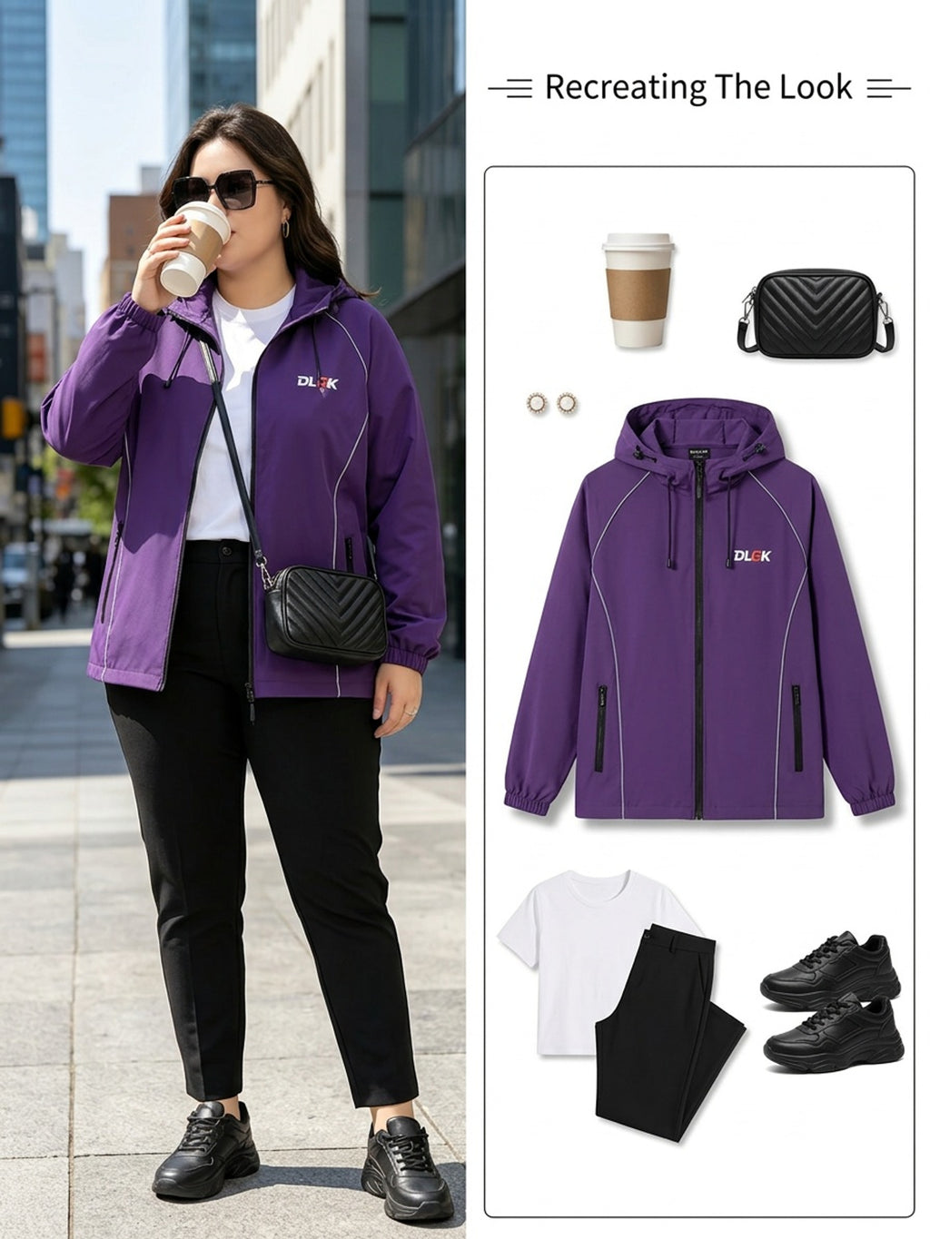 Veste grande taille, poches pratiques, ligne nette, détail du tissu