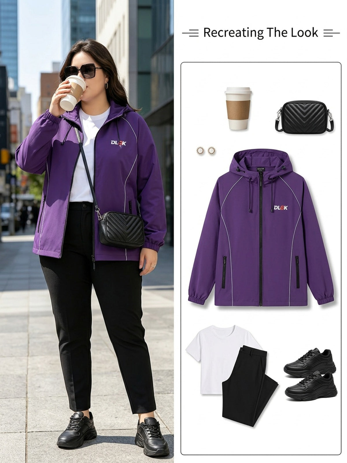 Veste grande taille, poches pratiques, ligne nette, détail du tissu
