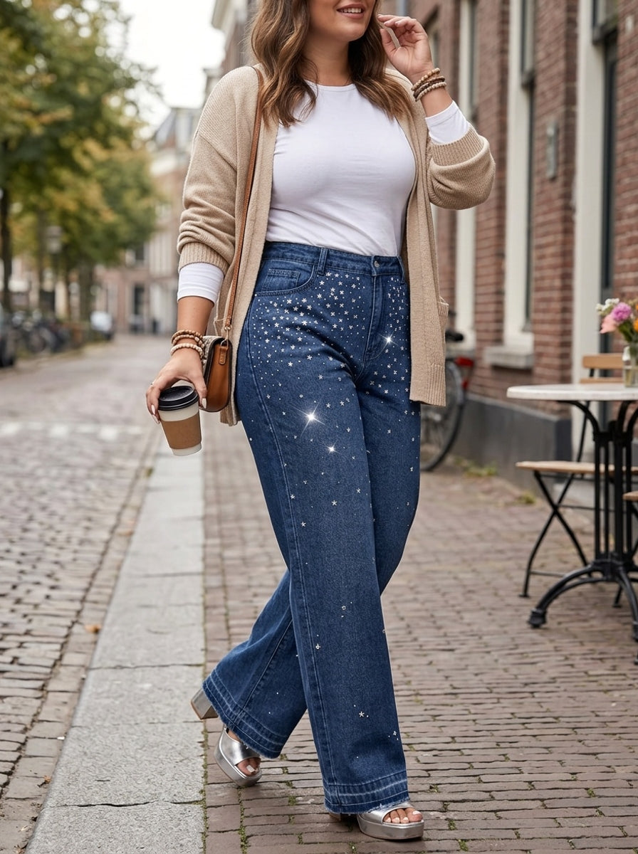 Pantalon grande taille, strass, tenue franche, tissu opaque