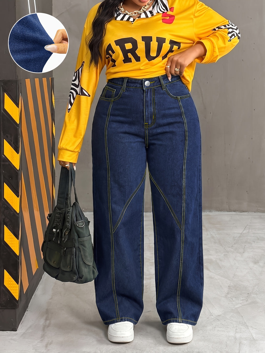 Jean grande taille, coupe droite, poches pratiques, tombé fluide — composition : 59.8% Viscose, 38.4% Polyester, 1.8% Élasthanne