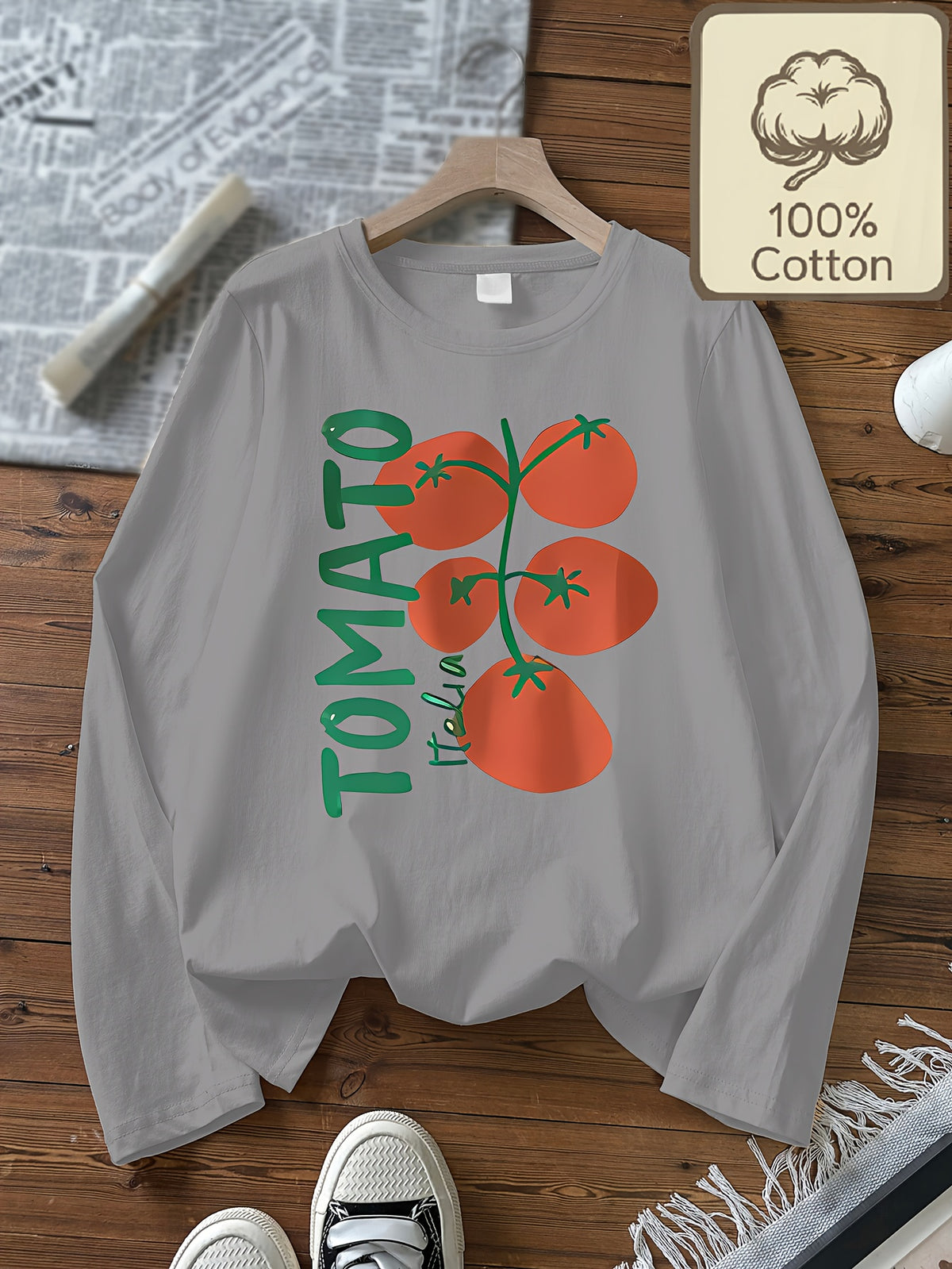 Top grande taille, col rond, manches longues, toucher naturel