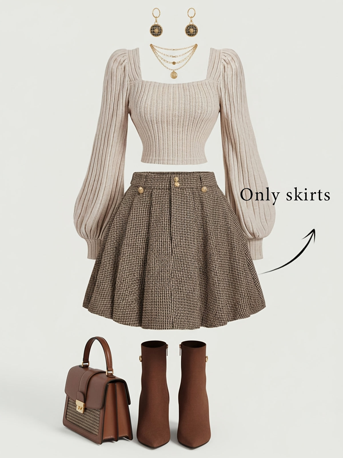 Jupe grande taille, boutonnage, plissé, allure élégante, porté de face
