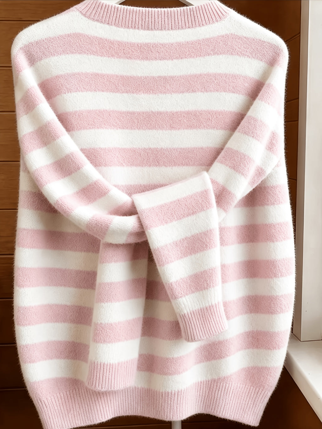 Pull grande taille à rayures, col V, manches longues, toucher moelleux, autre coloris