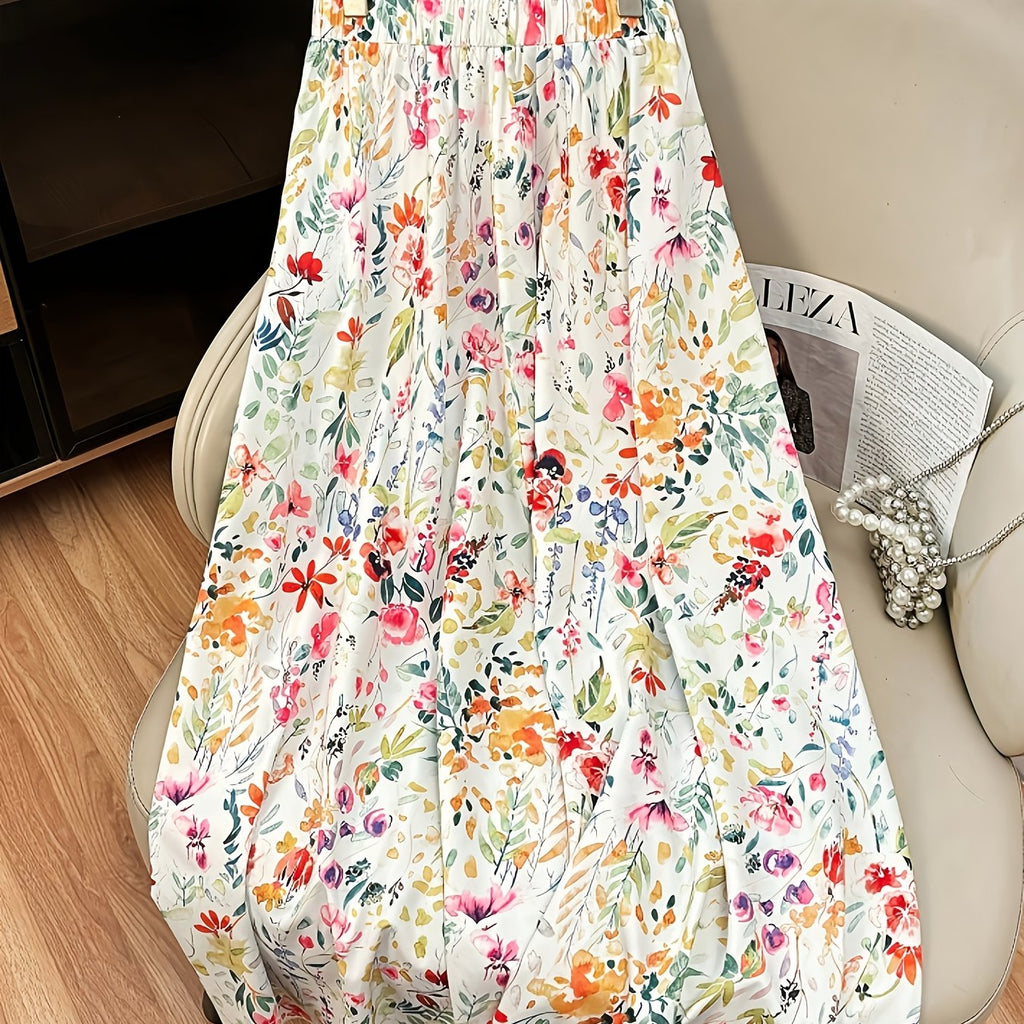 Jupe grande taille à imprimé fleuri, coupe évasée, longueur midi — matière : polyester