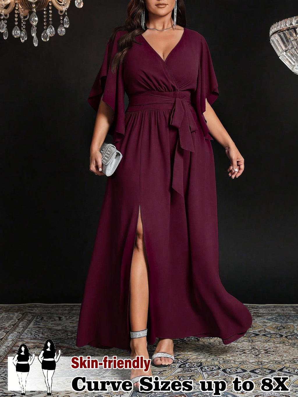Robe de soirée grande taille — Fente frontale et nœud de taille