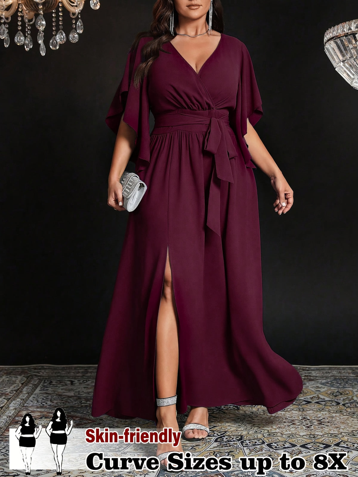 Robe de soirée grande taille — Fente frontale et nœud de taille