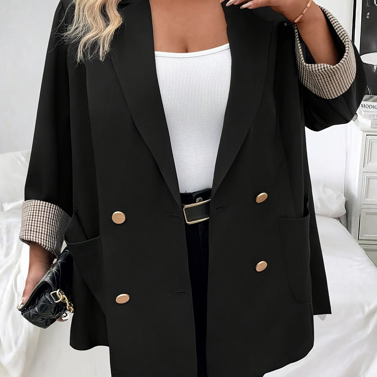 Blazer grande taille, coupe oversize, poches pratiques — matière : polyester