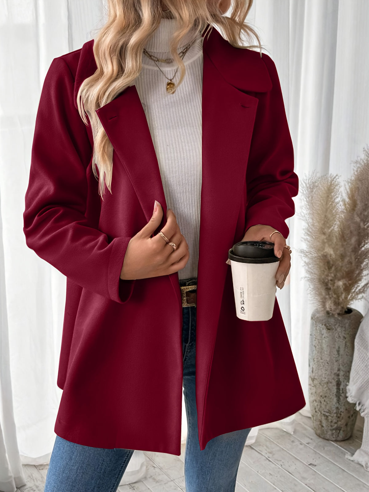 Manteau grande taille, col à revers, boutonnage, manches longues, autre coloris