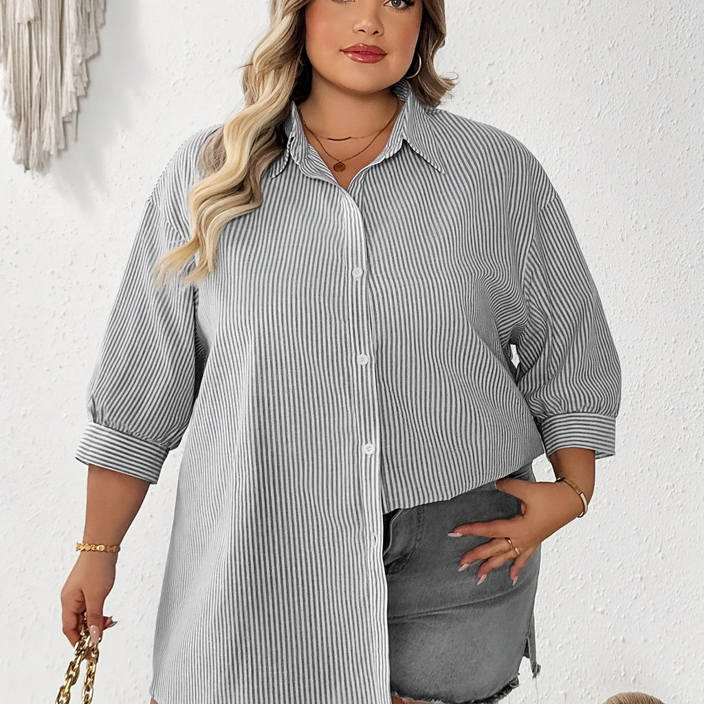 Chemise grande taille à rayures, coupe oversize, col polo, manches longues, tissu opaque