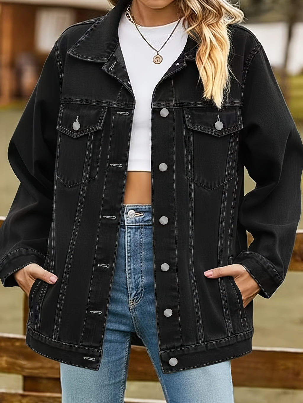 Veste grande taille, coupe oversize, poches plaquées, tenue franche, vu de dos