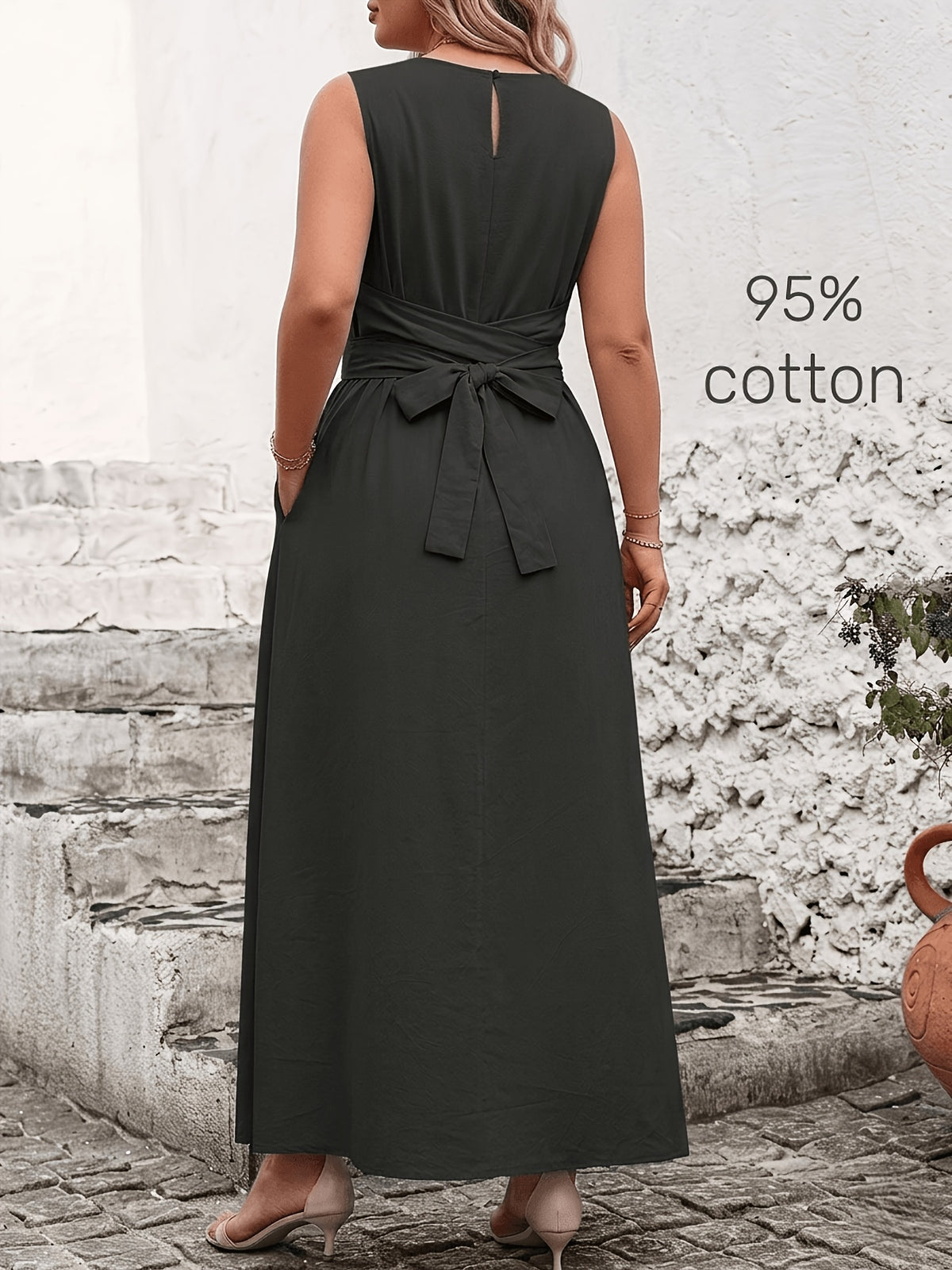 Robe longue grande taille — Coton, ceinture nouée au dos