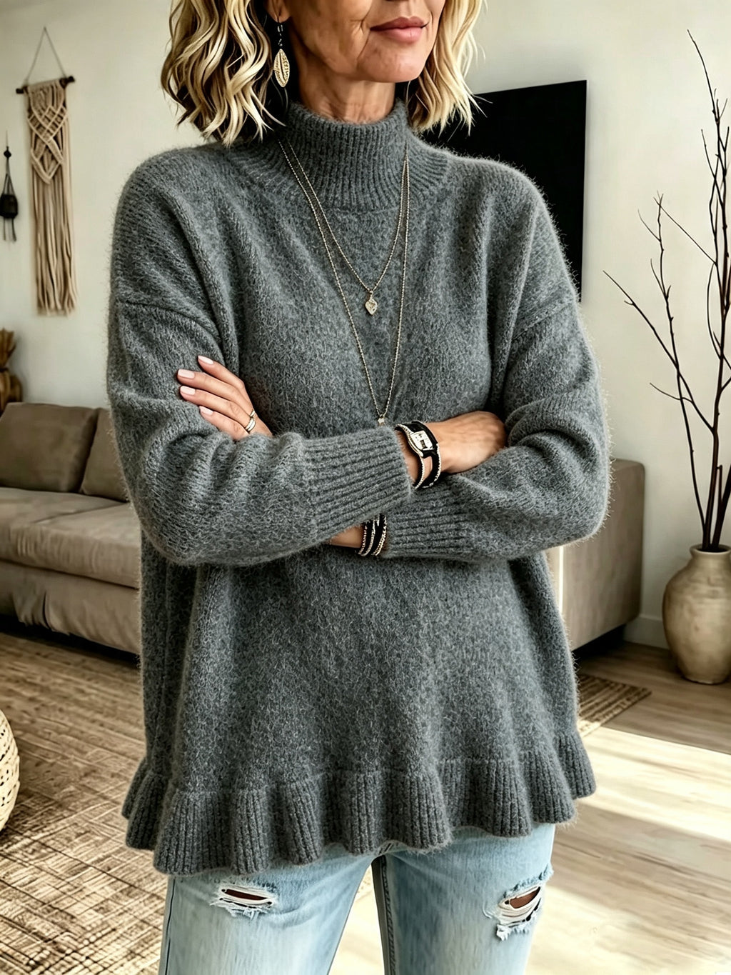 Pull grande taille, manches longues, gros plan