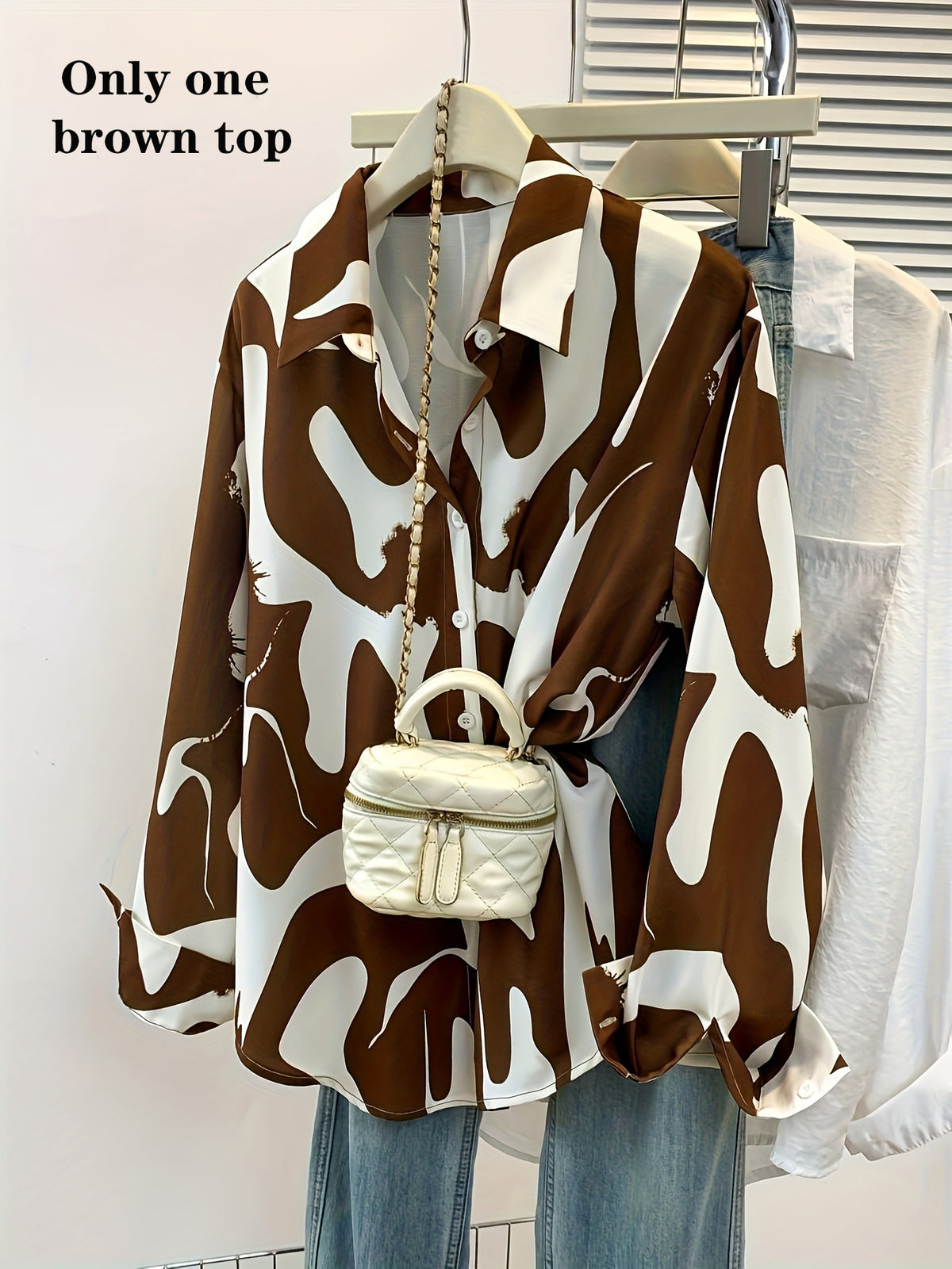 Chemise grande taille à imprimé géométrique, coupe oversize, manches longues — matière : polyester