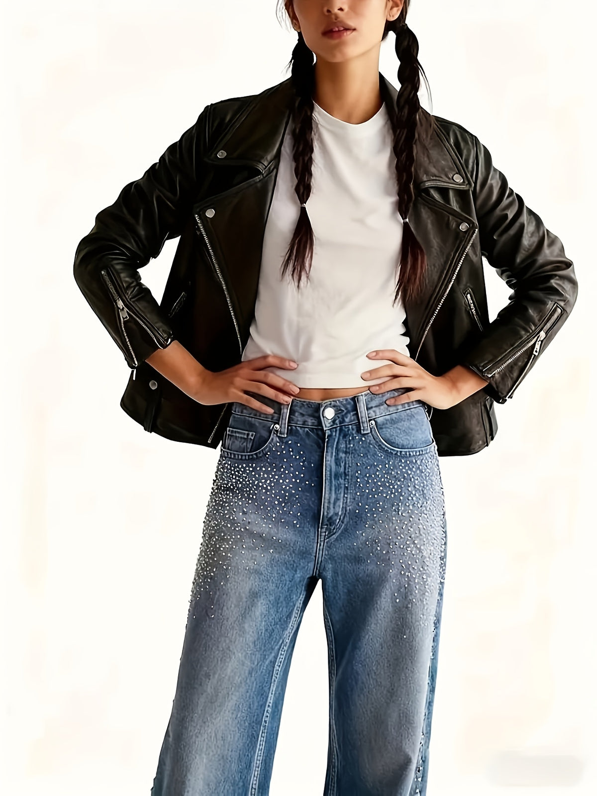 Jean grande taille à broderies, coupe droite, tenue franche, délavage — composition : 70% Coton, 28% Polyester, 2% Élasthanne Image