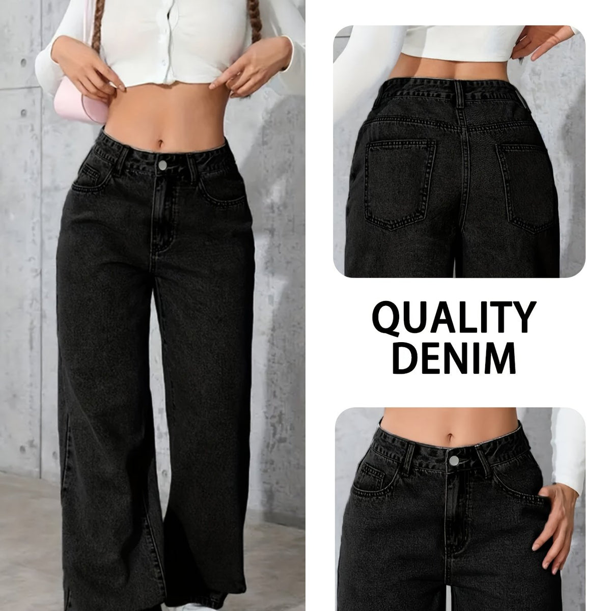 Pantalon grande taille, coupe droite, délavage doux, poches pratiques — composition : 63% Coton, 30% Polyester, 5% Viscose, 2% Élasthanne