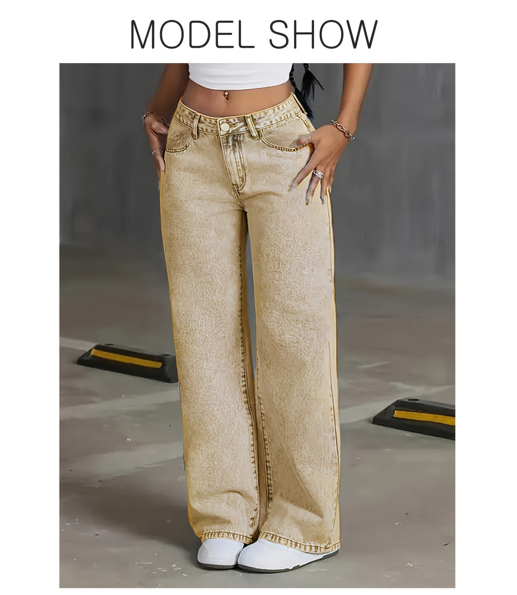 Jean grande taille, coupe droite, tenue franche, esprit décontracté, porté de face