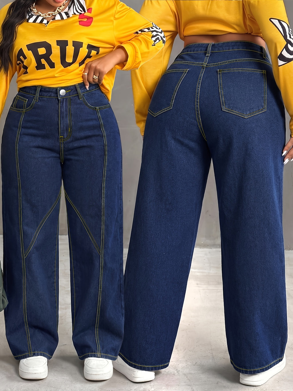 Jean grande taille, coupe droite, poches pratiques, tombé fluide, porté de face