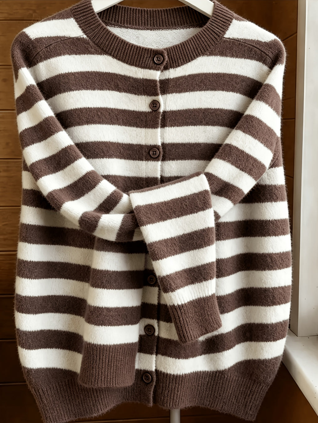 Pull grande taille à rayures, col V, manches longues, toucher moelleux, mise en situation