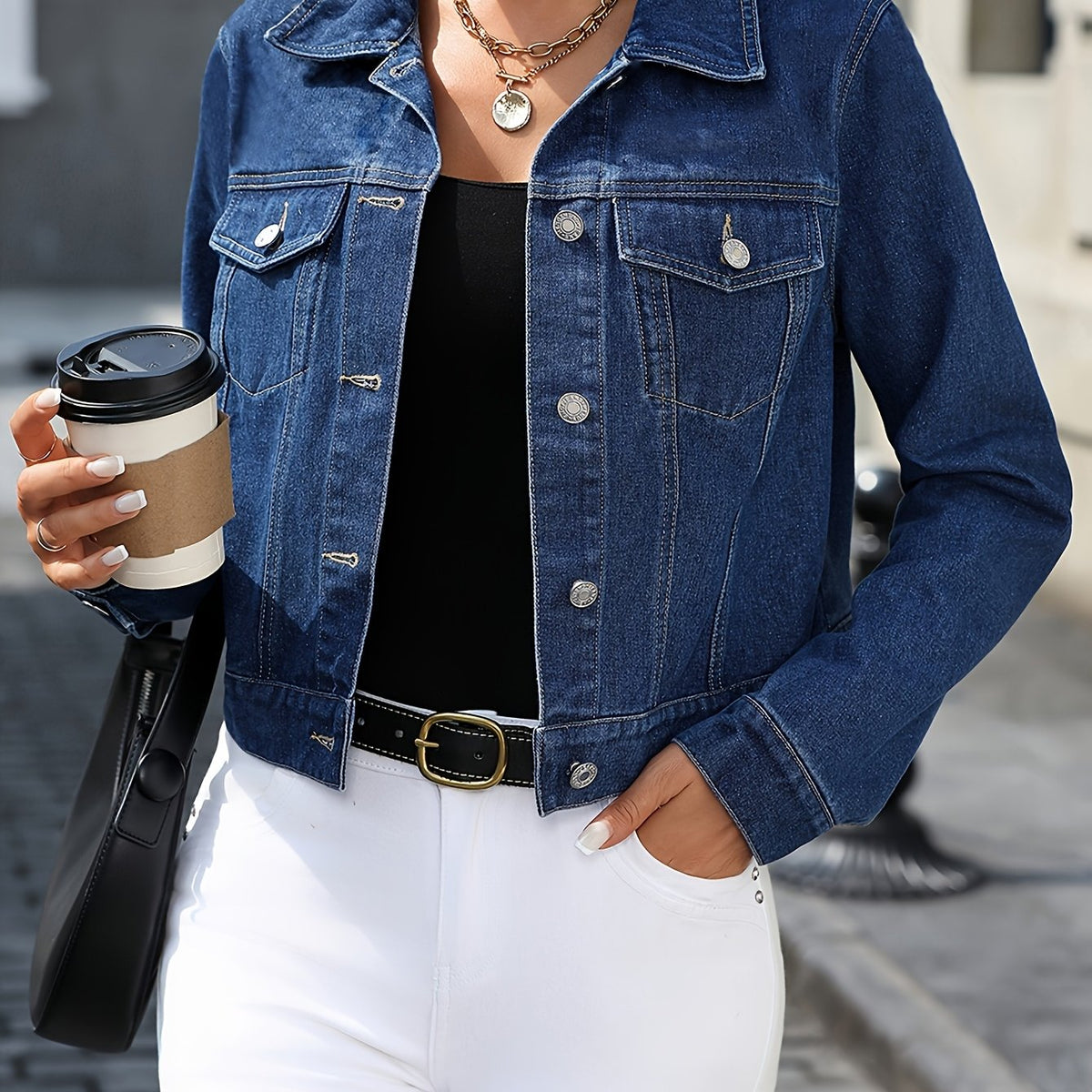 Veste grande taille, col à revers, boutonnage, manches longues — matière : denim Image