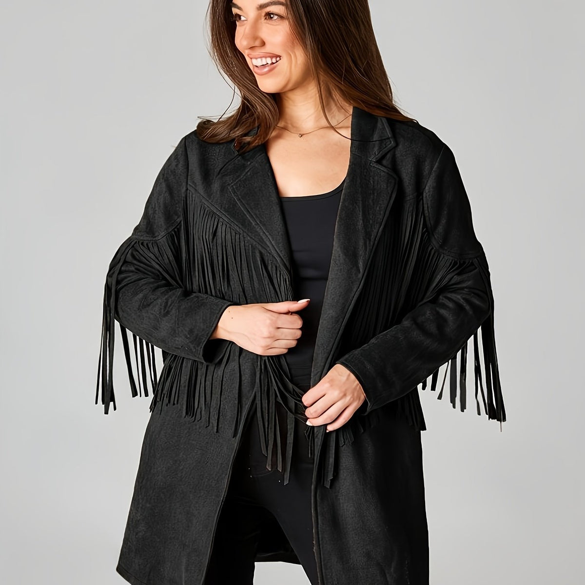 Blazer grande taille en cuir synthétique, col à revers, pompons, allure cuir — matière : polyester Image
