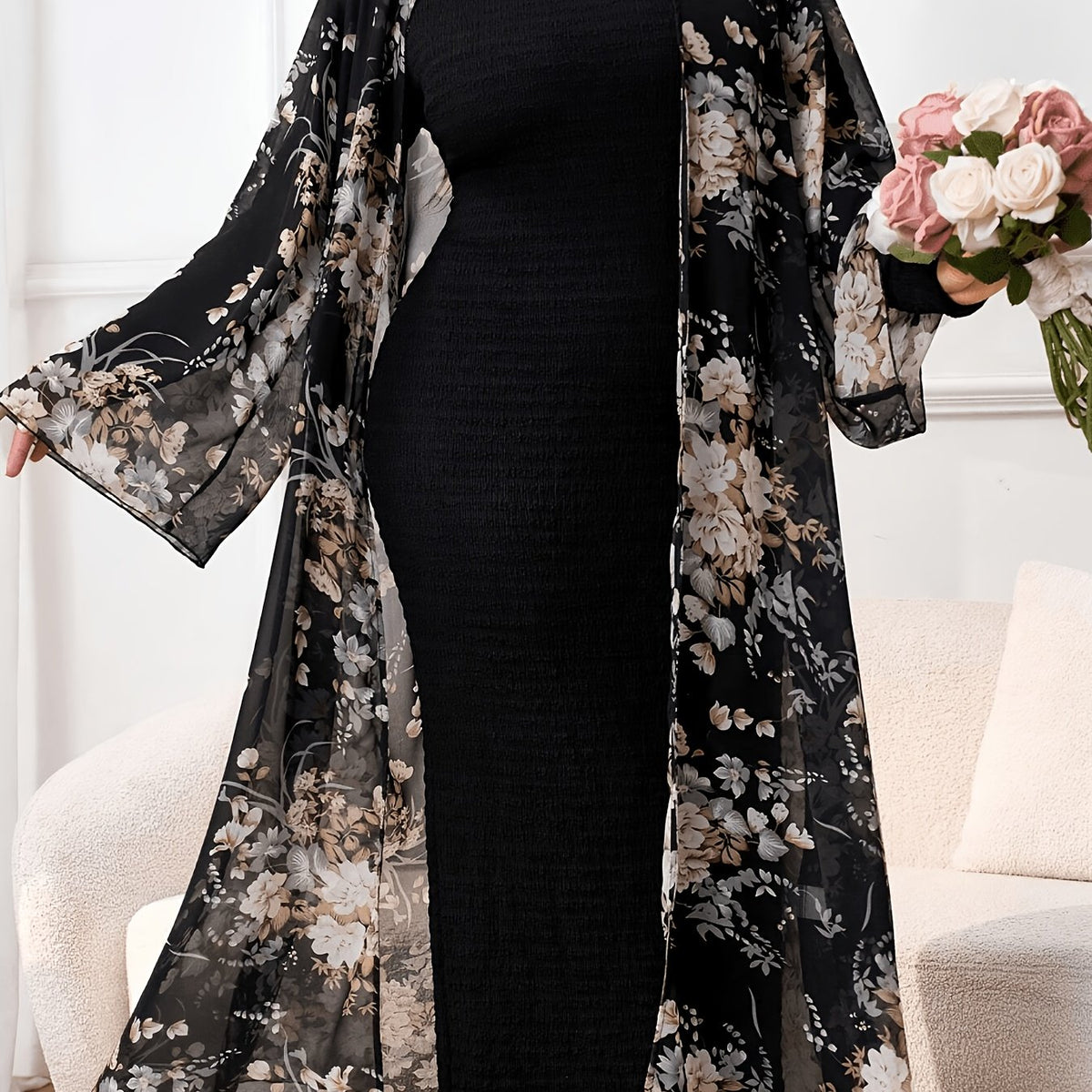 Cardigan grande taille en soie à imprimé fleuri, tombé fluide — matière : polyester Image