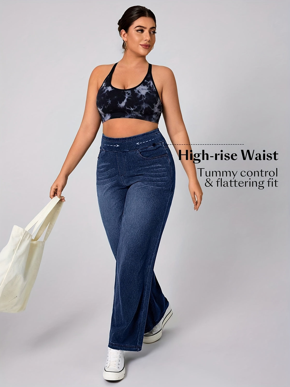 Pantalon grande taille, coupe droite, poches pratiques, toucher naturel, vu de dos