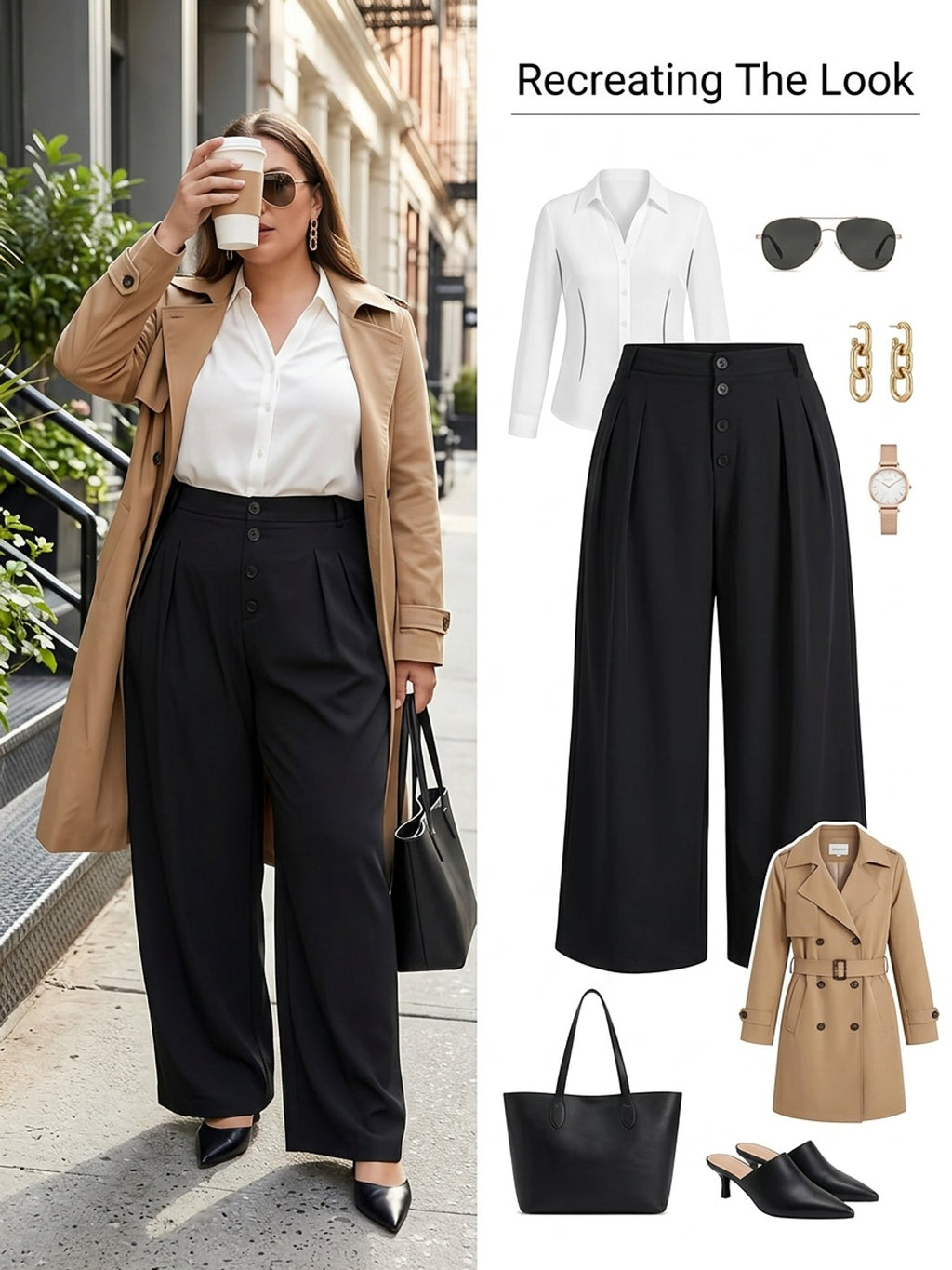 Pantalon grande taille, coupe évasée, boutonnage, tissu opaque