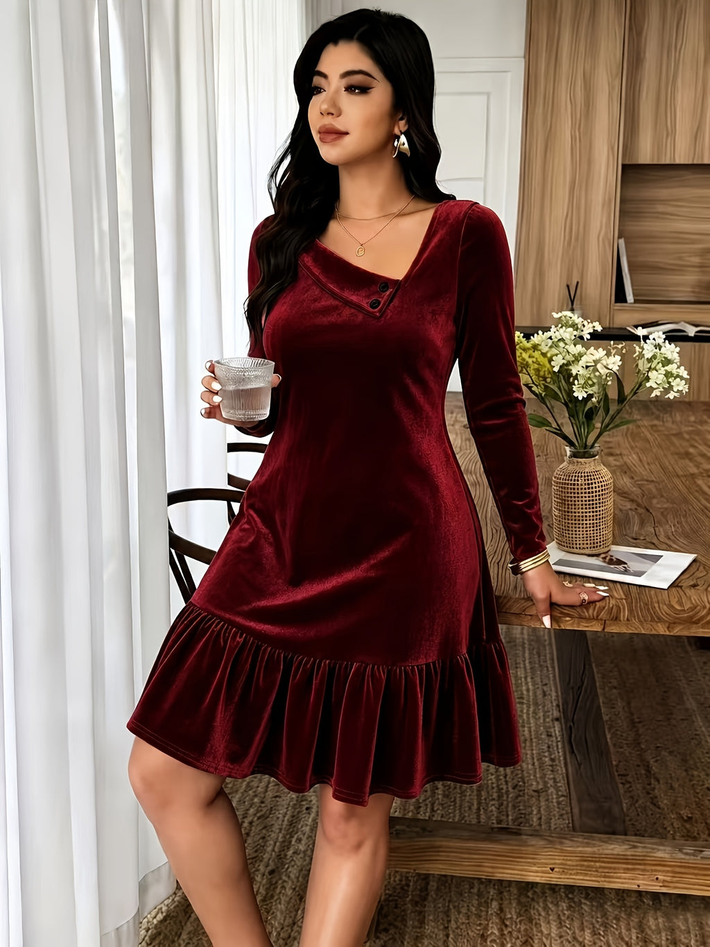 Robe grande taille en velours, coupe ample, volants, toucher profond